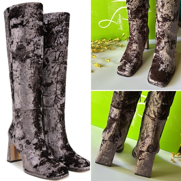 Sam Edelman Issabel Crushed Velvet Knee High Heeled Boots Coffee Bean Brown